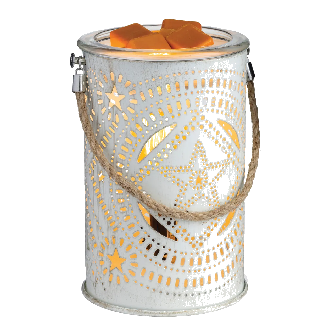 Rustic and chic, enjoy your choice of wax melts in our Lone Star Illumination Fragrance Warmer and watch as soft patterns of light dance across the walls. 

This warmer gives off a vintage feel with a braided rope handle and tin canister vessel, serving as a star-of-the-show statement piece or as a versatile addition to any room's decor.

USE: Add scented wax melts to the removable warming dish to safely release fragrance throughout your home. Recommended with our Artisan or Aromatherapy soy wax melts or Classic or Odor Eliminating soy blend wax melts.
FUNCTION: Decorative electric fragrance warmer designed to warm scented wax and create the ambient glow of a burning candle. Includes NP3 Vintage Bulb.
FUNCTION: No flame reduces the risk of house fires, while also eliminating carbon toxins, smoke and soot from the air.
INCLUDES: Warmer and NP3 Vintage Warming bulb. Cord is 3 ft long with dial switch for easy on/off. 1 Year limited warranty against factory defects.
Illumination Fragrance Warmers are our top-selling traditional warmers. Each is designed with your style in mind to accent your home decor, whether it is traditional, transitional, farmhouse, modern, cottage, Scandinavian, or more! We use high-quality ceramic, porcelain, metals and glass to provide a product worthy of the included one-year warranty.


Vintage Illumination Fragrance Warmers feature vintage style bulbs paired with a variety of materials and styles that allow the warm glow of the vintage bulb to be the focal point.