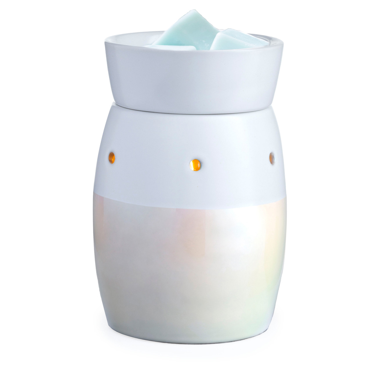 DESIGN: Add a dreamy glow to any space with the Iridescent Midsize Illumination Fragrance Warmer the perfect way to fill your home with delicious scents and soft, romantic lighting. This modern and chic warmer features a pearlescent pink and white exterior that illuminates from within, melting wax in the dish on top and surrounding you in fragrance.
FEATURES: Smaller fragrance warmer for small and medium rooms with a removable wax dish for easy wax removal.
USE: Warms fragrance melts and tarts. Roller switch for easy on/off is on the cord. Cord is 3ft long. NP7 bulb (included) can be changed out when bulb wears out.
SPECS: Overall dimensions are 5"X3.5"X3.5". Plug directly into outlet. 120V, 60Hz, 15W. NP7 warming bulb included. Replacement bulb can be purchased separately.