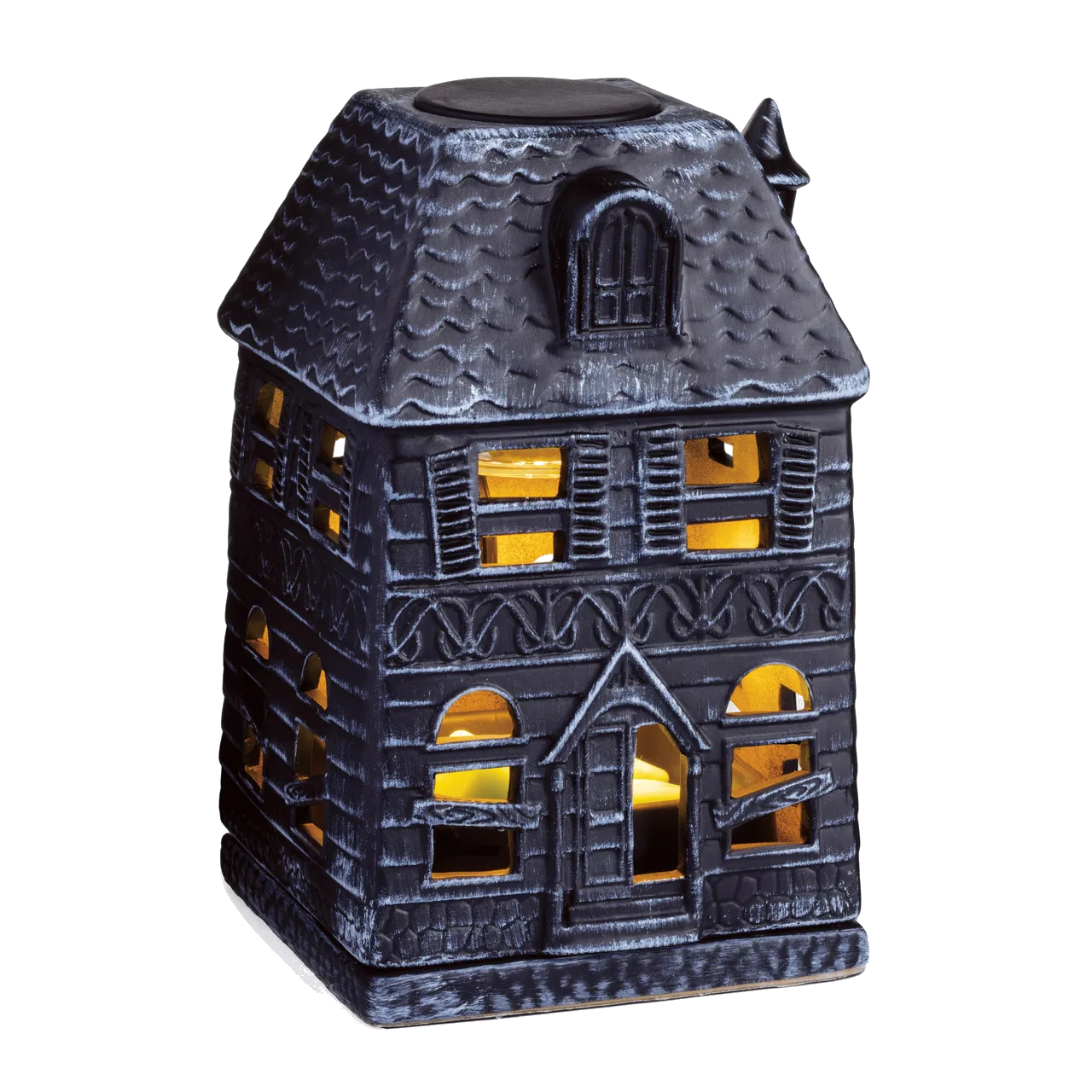 Calling all Halloween lovers, it's time to get spooky. This Haunted Mansion Canopy Fragrance Warmer will become a staple of your home's seasonal decorating for years to come. Made of porcelain with an eerie touch, the boarded-up windows cast soft light and the allure of mystery within the walls. Enchant your home with your favorite autumn scents and set the mood with ghostly lighting as wax melts are warmed and illuminated from within.