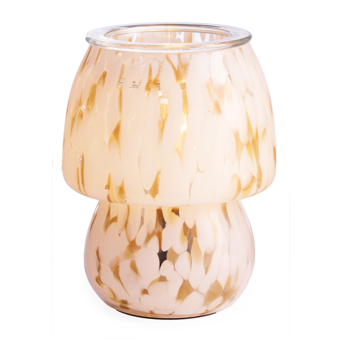 The Art Glass Lamp Vintage Illumination Warmer blends midcentury charm with timeless elegance. Its all-glass design features a white and clear pattern that glows softly orange when lit. With a vintage bulb and glass wax tray, it offers a flame-free way to enjoy fragrance while adding a stylish touch to any room.