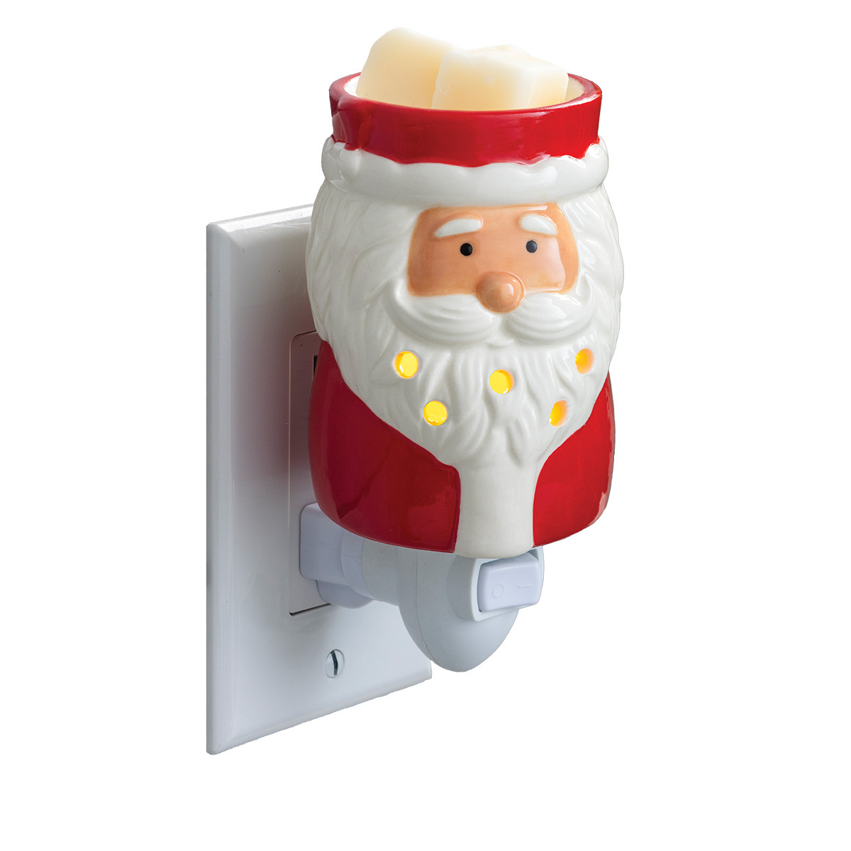 The St. Nick Pluggable Fragrance Warmer channels festive joy. This cheerful warmer features jolly old St. Nick, clad in his classic red outfit and snowy white beard. Perfect for adding a soft glow to small spaces, simply plug in to any outlet to gently warm your favorite holiday scents. Add Santa’s charm, warmth, and merriment to your home!