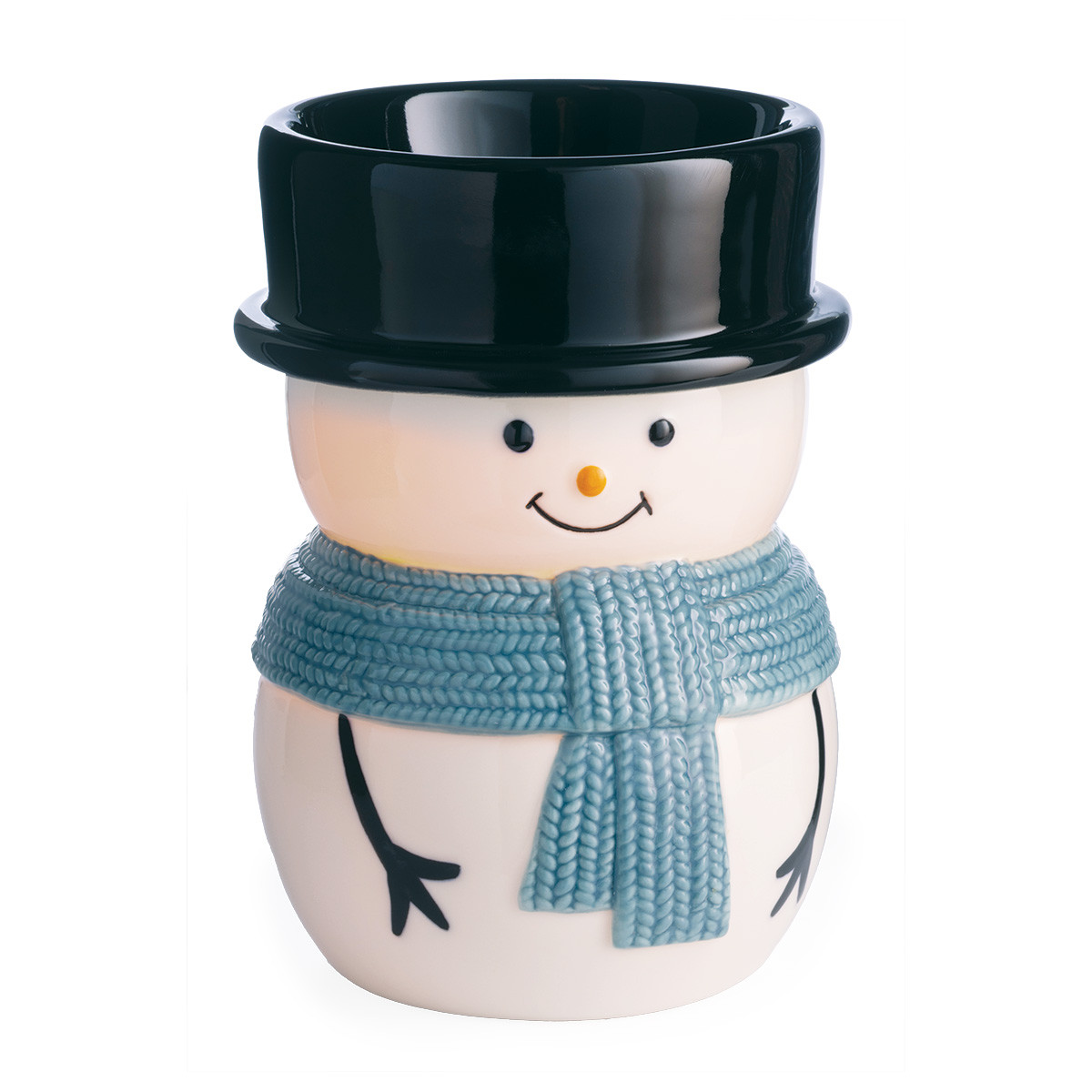 Bring the magic of winter into your home with our Snowy Illumination Fragrance Warmer. This charming warmer features an adorable snowman, complete with a classic black top hat and a cheerful blue scarf. When turned on, it emits a warm, inviting glow that enhances the festive ambiance of any space.