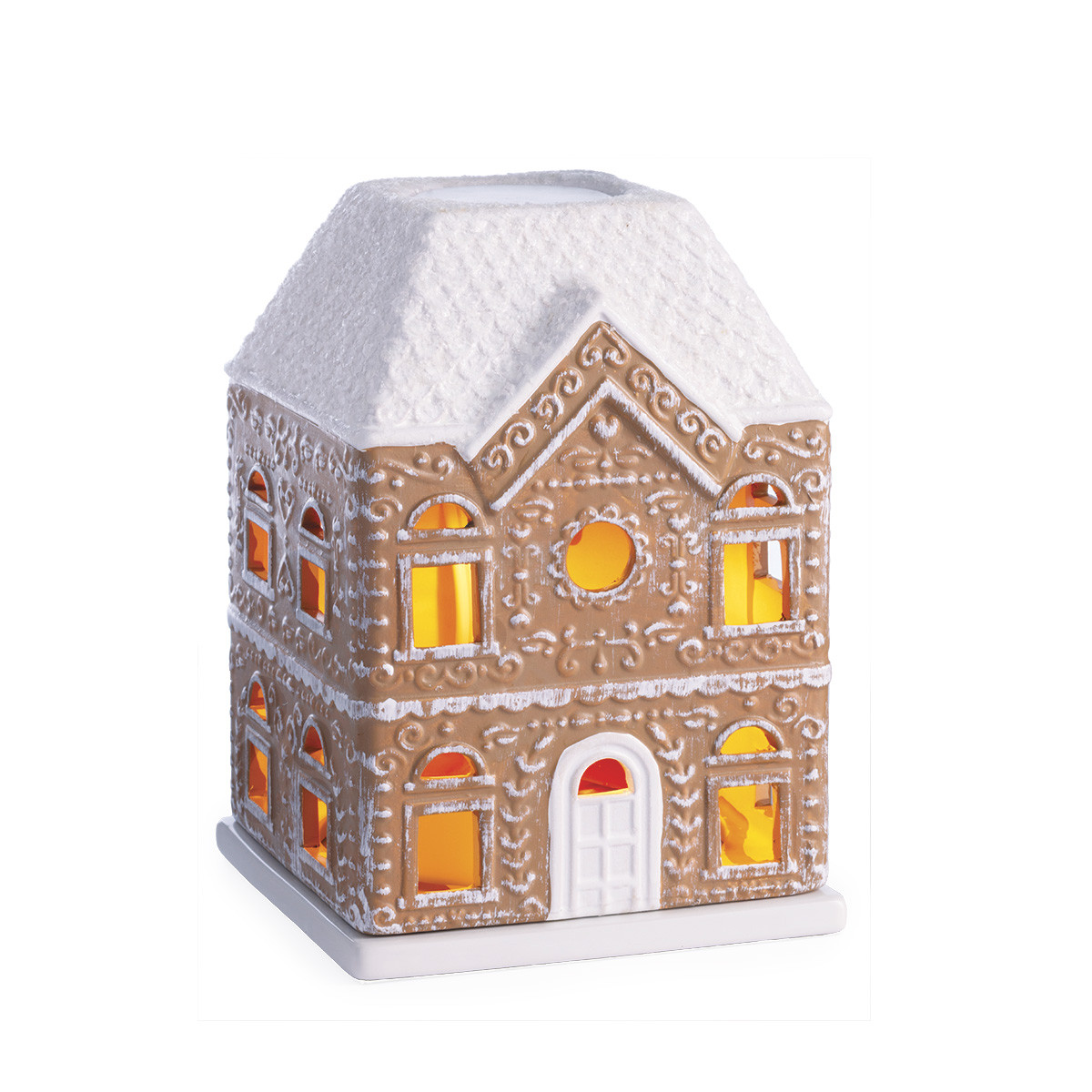 The Gingerbread House Fragrance Warmer adds holiday charm with its classic gingerbread design and cozy canopy glow. Using top-down warming technology, it gently releases seasonal scents without a flame. The perfect festive décor, it fills your home with warmth, inviting aromas, and whimsical holiday spirit.