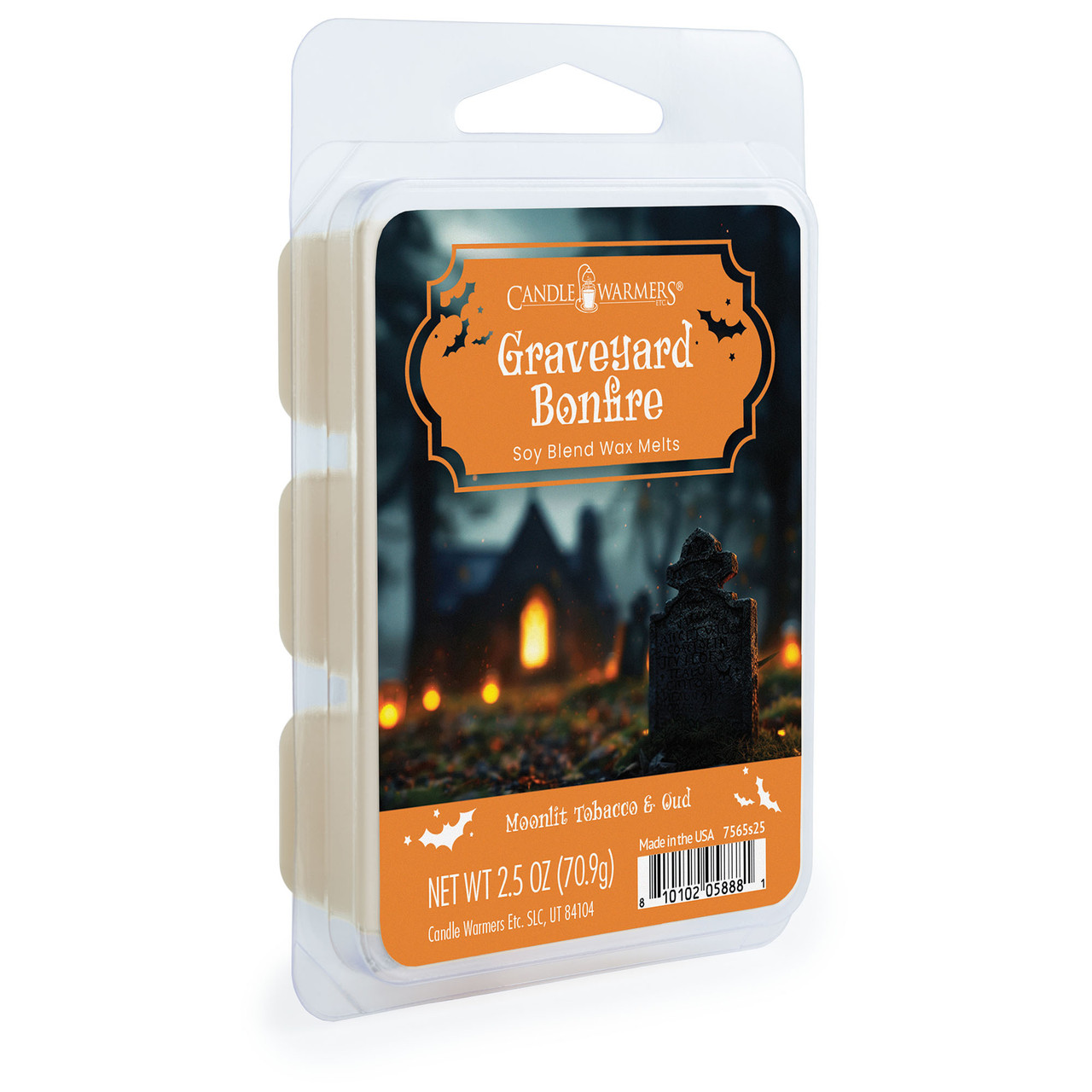 Gather 'round the Graveyard Bonfire, where eerie embers crackle in the moonlit darkness, casting shadows over ancient tombstones. This hauntingly delightful fragrance has a zesty burst of orange and clove, mingling with mysterious black velvet rose. Perfect for bringing ghostly gatherings to life in your home. TOP NOTES: Lime Zest, Midnight Orange, Alpine Ash Eucalyptus MID NOTES: Black Velvet Rose, Clove BASE NOTES: Charred Woods, Vanilla, Glowing Embers, Benzoin, Amber, Musk
