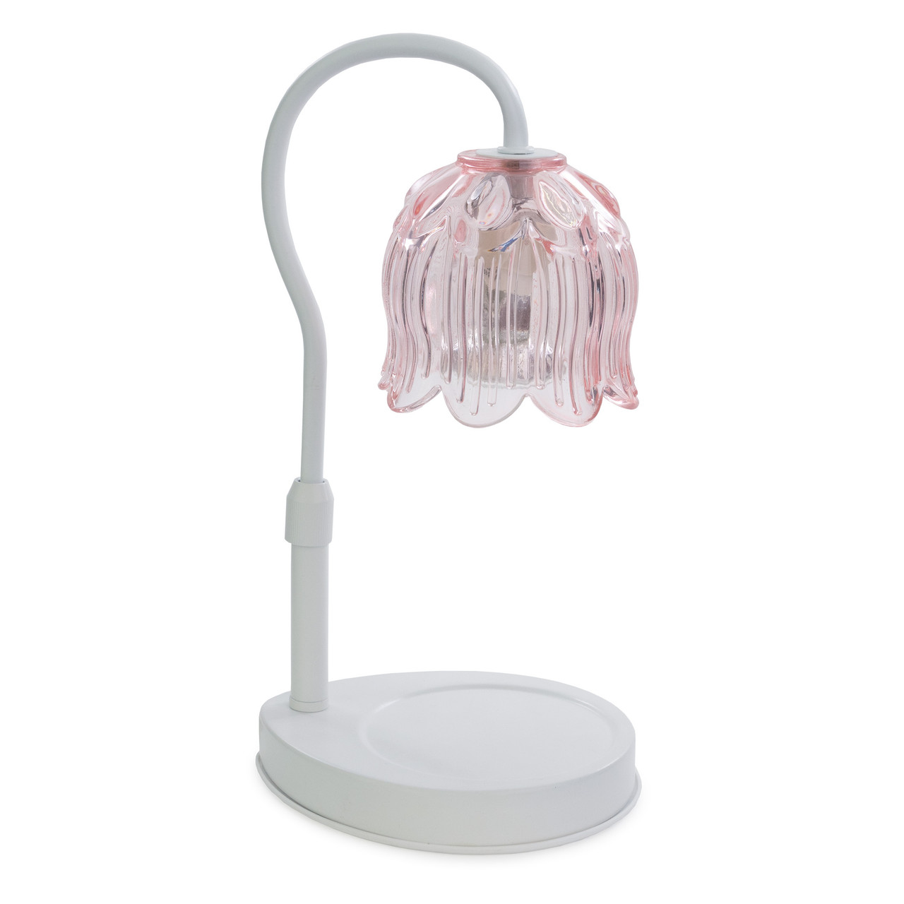 The Tulip Candle Warmer Lamp pairs a soft pink floral-shaped shade with a sleek white base for vintage-inspired elegance.