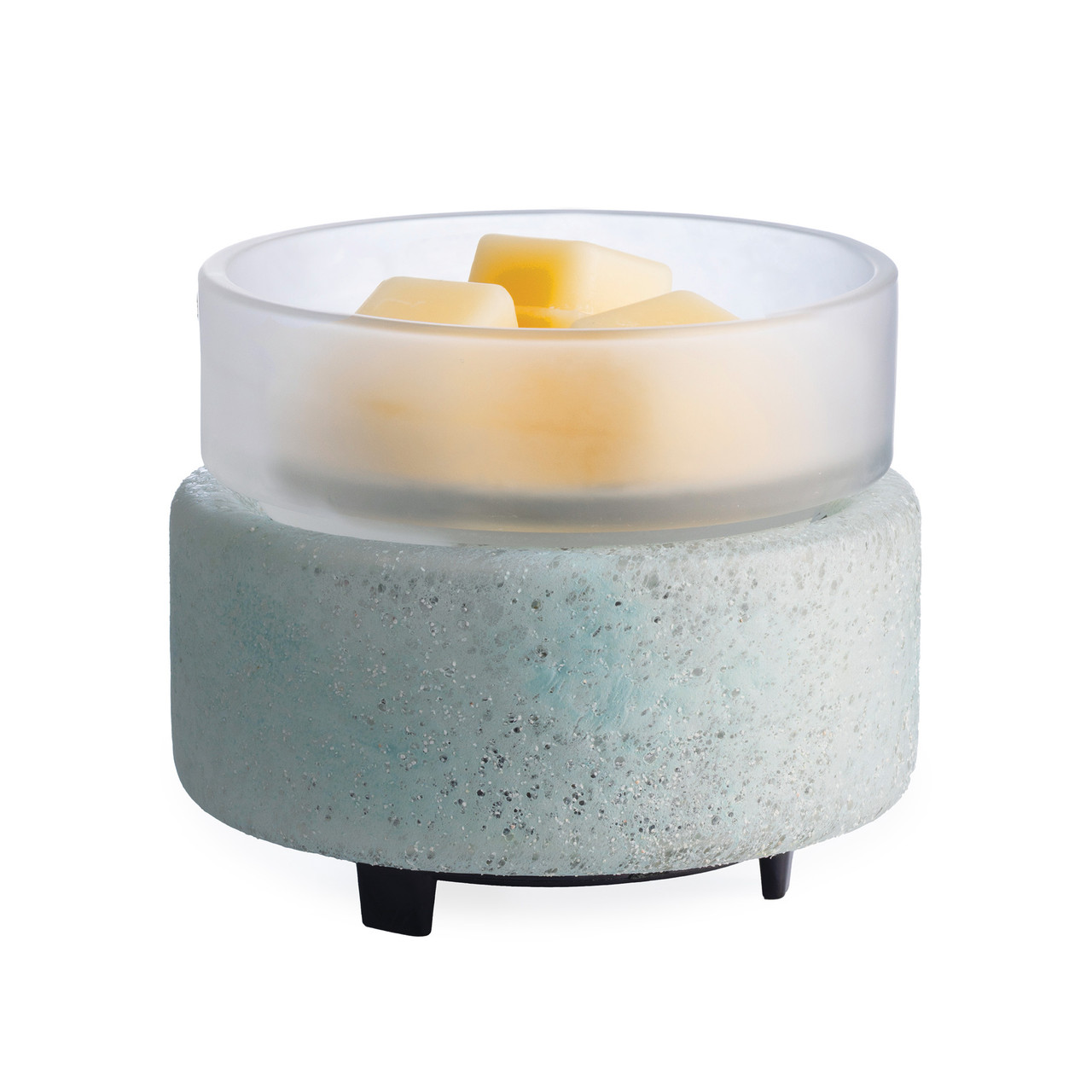 Bring coastal elegance to your space with the Beach Glass 2-in-1 Warmer, showcasing a flecked aqua sea glass base and a removable frosted dish for easy cleaning.