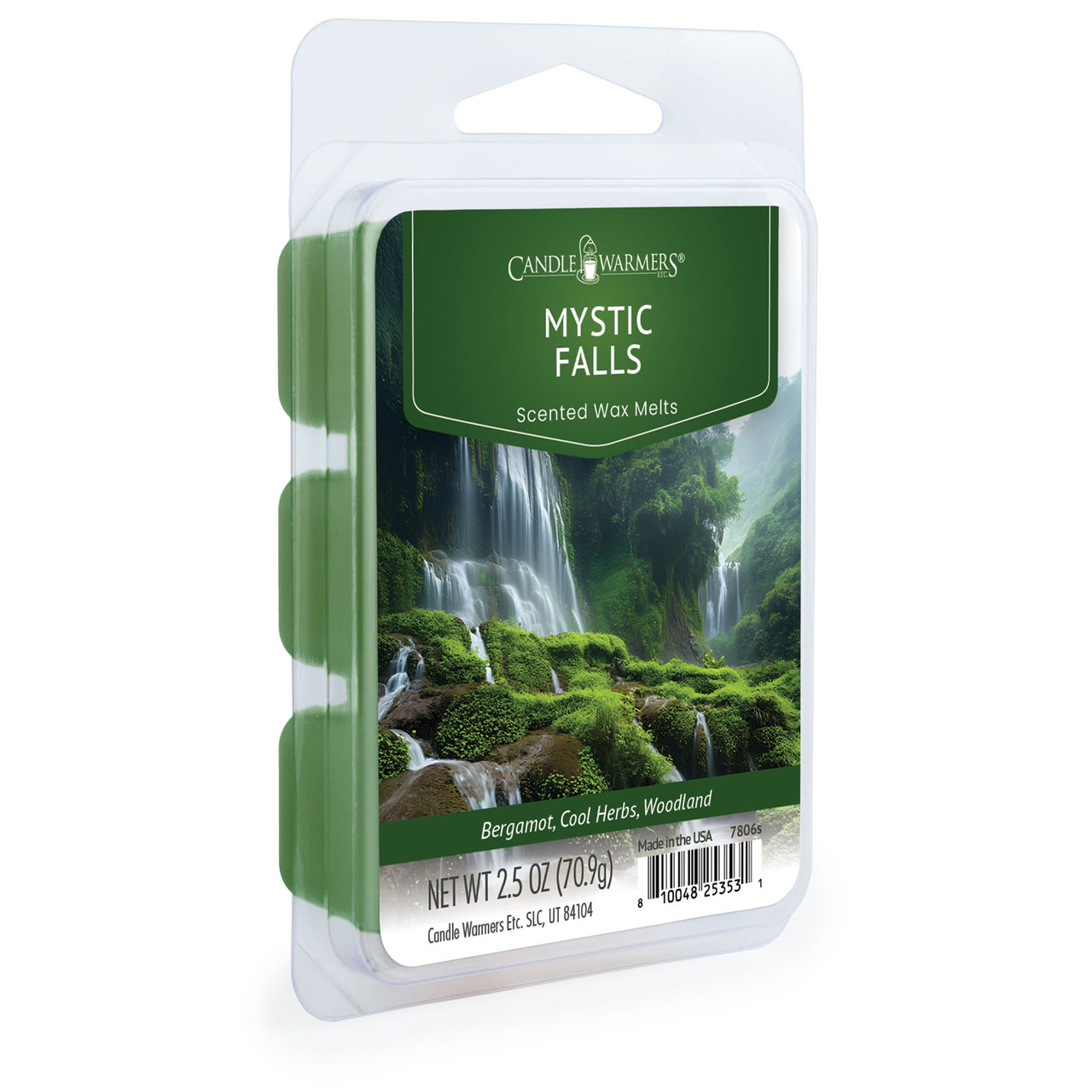 Mystic Falls 2.5oz Wax Melts evokes an enchanted forest after a gentle rain. Bergamot and cool herbs weave through woods, lush greens, and moss for a serene, magical escape.