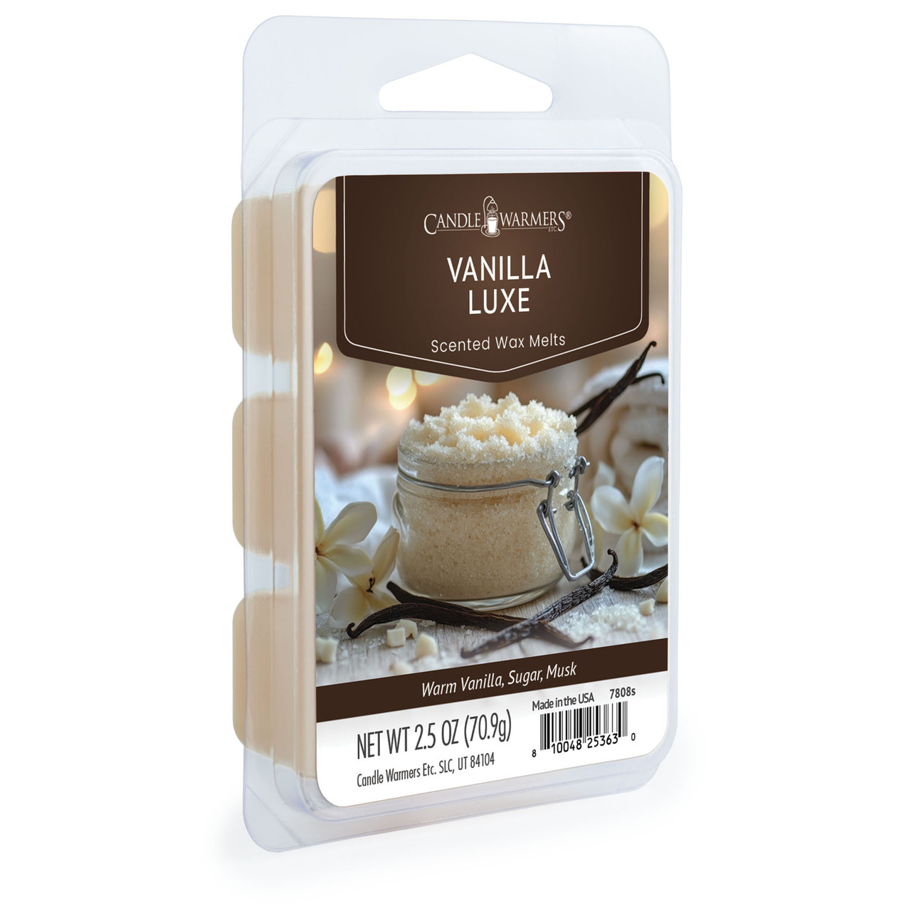 Indulge in Vanilla Luxe 2.5oz Wax Melts, a cozy, intoxicating fragrance with luxurious staying power. Warm vanilla and sweet sugar are layered over soft musk for an inviting, comforting experience.