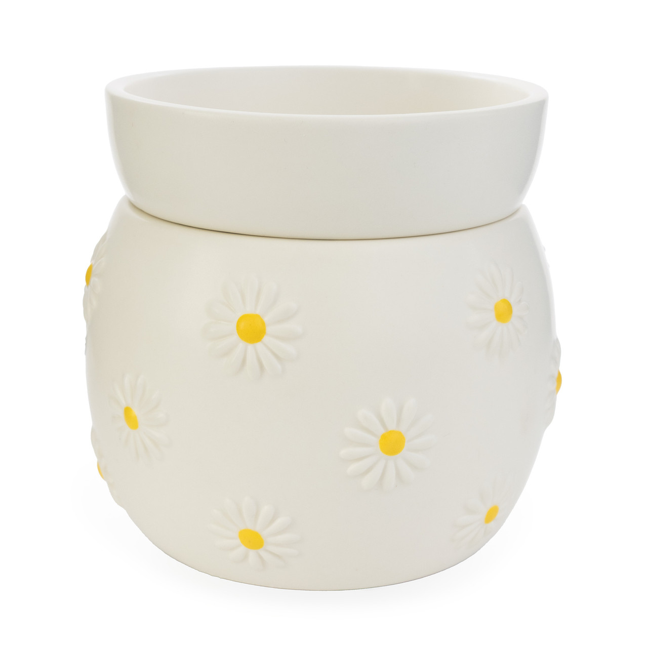 Bring playful, fresh charm to any corner of your home with the Daisy Wax Warmer. Its matte white finish and embossed daisies with sunny yellow centers radiate cheer.
